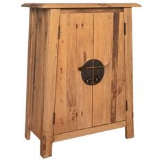 a wooden cabinet with an iron handle on the front and side door, against a white background