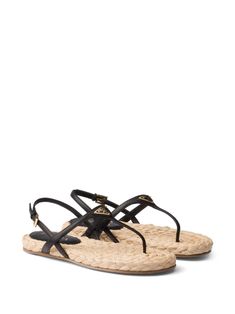 Prada triangle-logo Slingback Sandals - Farfetch Luxury Beach Sandals With Tang Buckle, Designer Straw Open Toe Sandals, Designer Sandals With Woven Straw Sole, Designer Open Toe Straw Sandals, Prada Triangle, Slingback Sandals, Iconic Bags, Loafer Mules, Triangle Logo