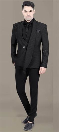 Black and Grey color 3 Piece Suit (with shirt) in Rayon fabric with Bugle Beads, Thread work Designer Fitted Black Sets, Black Tailored Designer Sets, Black Semi-formal Sets With Suit Collar, Black Long Sleeve Business Sets, Designer Black Sets For Workwear, Black Designer Formal Sets, Designer Black Formal Sets, Tailored Black Sets With Long Sleeves, Black Tailored Long Sleeve Sets