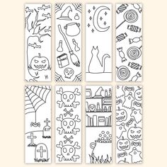 six halloween coloring pages with black and white illustrations on them, all lined up in rows