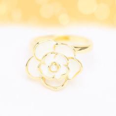 Camellia Pearl Ring - OhmoJewelry Elegant Flower-shaped Pearl Ring For Weddings, Elegant White Flower-shaped Pearl Ring, Gold Flower-shaped Jewelry With Pearl Charm, Gold Flower-shaped Enamel Ring, Elegant Yellow Gold Flower-shaped Pearl Earrings, Feel Like A Princess, White Camellia, Daisy Studs, Helix Earrings