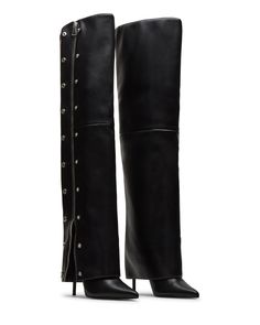 Elevate your style with our STONE fold-over boots. The knee-high design elongates your legs, while the stiletto heel adds a touch of sophistication. The pointed toe, studded detailing, and zipper accents are sure to make a statement. Step out in luxury and turn heads wherever you go. 4 inch heel height Size 6 measurements: 21 inch shaft circumference, 24 inch shaft height Size 8 measurements: 22 inch shaft circumference, 25 inch shaft height Size 10 measurements: 23 inch shaft circumference, 26 Fold Over Boots, High Design, Leather Socks, Higher Design, 4 Inch Heels, Black Stone, Tank Top Cami, Fun Bags, Stiletto Heel