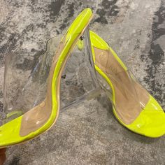 Sole Material Faux Leather Outer Material Thermoplastic Polyurethane (Tpu) Closure Type Slip On Neon Green Never Worn Yellow Sandals With 4-inch Heel For Summer, Yellow High Heel Sandals With Heel Loop, Yellow Synthetic Heels With Heel Loop, Yellow Open Heel Shoes With Heel Loop, Yellow Synthetic Sandals With Heel Loop, Yellow Open Toe Sandals With 4-inch Heel, Yellow Open Heel Synthetic Sandals, Yellow Summer Wedge Sandals With Open Heel, Yellow Synthetic Heels With 4-inch Heel