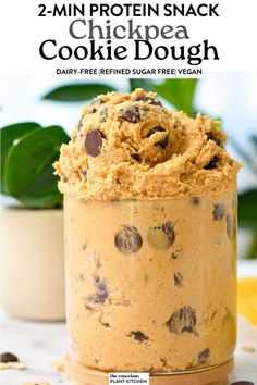 two - minute protein snack cookie dough in a jar with text overlay that reads, 2 - min protein snack chippea cookie dough