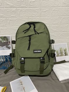 Army Green Cool   Nylon Letter Functional Backpack    Women Bags Green Backpack Aesthetic, Army Green Bag, University Bag, Green Backpack, Aesthetic Backpack, Functional Backpack, Green Backpacks, Adventure Backpack, Simple Backpack