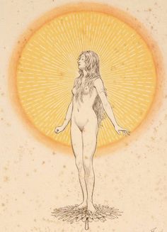 a drawing of a naked woman standing in front of an orange and yellow sunburst