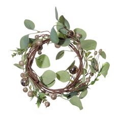 a wreath with green leaves and berries on it