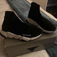 Brand New Condition. Barely Worn, Black And White Balenciaga Sneakers. Size 38 Black Pointed Toe Sneakers With Branded Insole, Black Pointed Toe Sneakers With Rubber Sole, Black And White Balenciaga, White Balenciaga, Shoes Balenciaga, Balenciaga Sneakers, Balenciaga Speed, Balenciaga Black, Balenciaga Shoes