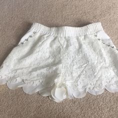 Never Worn Lace Shorts With Faux Jem Details Near The Pockets. Size Medium. Floral Lace Shorts, Boutique Couture, Lace Shorts, Floral Lace, Jean Shorts, Color White, High Rise, Size Medium, Womens Shorts