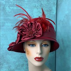 Red Lambs Wool Taffeta Hand Sewn Brim With Tone On Tone Pansy Flowers With Matching Dyed Rooster Feathers. It’s Just Waiting For The Perfect Dress Or Jacket Shoes And Purse. Shoes And Purse, Pansy Flowers, Rooster Feathers, Tone On Tone, Red Wool, Pansies, Hand Sewn, Lady In Red, Perfect Dress