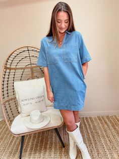 This Johnny Collar Half Sleeve Denim Dress features a johnny collar and half sleeves, making it a versatile and comfortable option for any occasion. With front pockets for added functionality, this dress is both stylish and practical. Pair with your favorite sneakers or boots for a cute casual look. Johnny Collar, Set Outfits, Crop Top Tees, Plus Dresses, Cardigan Jacket, Casual Look, Hat Hairstyles, Cropped Tank Top, Half Sleeve