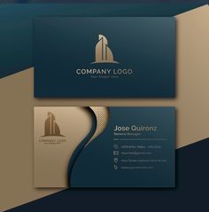 two business cards with an image of skyscrapers on them, one is blue and the other is gold