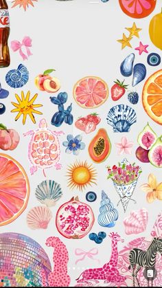 a bunch of different types of food and drinks on a white surface with an orange, pink, blue, and yellow theme