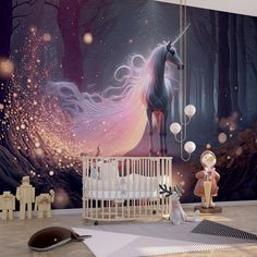 a child's room with a unicorn mural and toys on the floor, including a crib