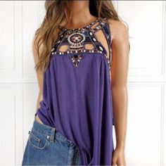 Nwt Free People Vision Quest Top No Flaws, Size Small Purple Bohemian Top For Party, Purple Bohemian Party Tops, Purple Stretch Bohemian Tops, Purple Sleeveless Bohemian Tops, Gauze Shirt, Vision Quest, Boho Tunic Tops, Long Sleeve Tunic, Embroidered Top