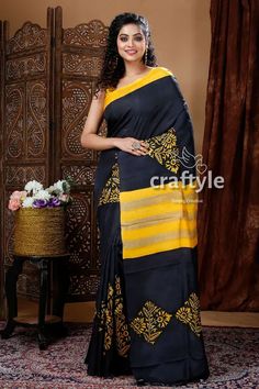 Presenting an exclusive hand block printed pure silk saree with running blouse piece. The authentic hand block print saree is beautifully handcrafted by our skilled artisans. We have used the best quality Mulberry silk fabric, so that you feel the elegance with comfort of this light-weight pure silk sari. #HandcraftedSilkSaree #PureSilkSaree #SilkSaree #HandwovenSilk #LuxurySilkSaree #ArtisanSilkSaree #EthnicSilkWear #TraditionalSilkSaree #IndianSilkSaree #SilkSareeLovers Black Block Print Saree With Traditional Drape, Unstitched Black Saree With Block Print, Black Saree With Block Print And Traditional Drape, Black Cotton Saree With Printed Border, Black Cotton Saree With Kalamkari Print, Black Mulberry, Traditional Silk Saree, Block Print Saree, Mulberry Silk Fabric