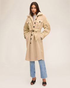 Frankie Sherpa Coated Canvas Trench | MARISSA WEBB | Jackets & Outerwear | MARISSA WEBB Beige Belted Outerwear With Lapel Collar, Beige Belted Outerwear For Fall, Beige Fall Outerwear With Self Belt, Long Fall Coat With Belt Detail, Fall Beige Outerwear With Tie Waist, Beige Outerwear With Belt Detail For Fall, Spring Beige Outerwear With Belt, Spring Beige Belted Outerwear, Spring Outerwear With Self Belt