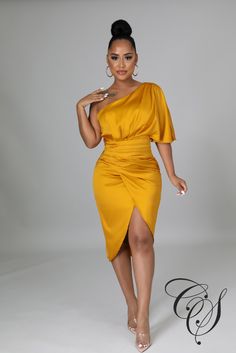 Steal all the stares with this must-have dress beautiful. Featuring a satin material with a one shoulder design and a midi length, we are in love. Team with tie-up heels and gold hoops for a seriously chic vibe. Model is wearing a small Fabric: 95% Polyester 5% Spandex Hand wash cold, line dry. Do not bleach, iron or dry clean. Size Chart Yellow Dress Outfit, Tie Up Heels, Dinner Dress Classy, One Shoulder Midi Dress, Classy Dress Outfits, Dinner Dress, Draped Dress, Satin Material, Shoulder Design