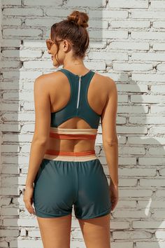 Teal Colorblock Square Neck Wide Straps Sporty Bikini Top And High-Waist Boy Shorts Sporty Swim, Sporty Swimwear, Flattering Swimsuits, Swimsuit With Shorts, Bandeau Swimsuit, Trendy Swimwear, Cute Swimsuits, Short Set, Swim Dress