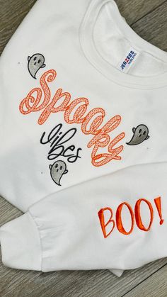 Embroidered Halloween Spooky Boo Crewneck soft and warm sweatshirt.   -Spooky Boo is created on  Unisex white Jerzees Nublend Crewneck sweatshirt. -We use multiple quality brands such as Hanes and/or Gildan.  -Processing and shipping 5-7 days Halloween Long Sleeve Sweatshirt With Custom Embroidery, Halloween White Sweatshirt With Embroidered Graphics, White Halloween Sweatshirt With Embroidered Graphics, Long Sleeve Halloween Sweatshirt With Custom Embroidery, Long Sleeve Custom Embroidered Sweatshirt For Halloween, Long Sleeve Sweatshirt With Custom Embroidery For Halloween, Halloween White Embroidered Sweatshirt, Custom Embroidered Long Sleeve Top For Halloween, Halloween Embroidered Crew Neck Hoodie