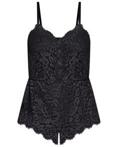 Luxurious semi-sheer lace romper. Romantic, scalloped floral eyelash lace with satin trim. Sweetheart neckline with pearl button and satin detail in front. Short, cheeky fit with moderate rear coverage. Pull-on style with adjustable satin straps. Hand wash. Do not dry in the dryer. Lace: 100% polyamide Body: 86% polyester, 14% elastane Style: MAGNO2221 Feminine Lace Bodysuit With Lined Body, Sleeveless Lace Bodysuit With Lined Body, Chic Lace Bodysuit With Lace Trim, Sleeveless Lace Bodysuit With Lace Closure, Chic Lace Trim Bodysuit, Lace Top With Contrast Lace For Night Out, Elegant Sleeveless Lace Bodysuit, Black Lace Bodysuit With Lace Trim, Party Lace Bodysuit With Lace Trim