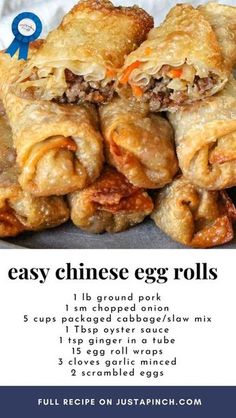 25min · 6 servings Ingredients • 1 lb ground pork • 1 sm chopped onion • 5 cups packaged cabbage/slaw mix • 1 Tbsp oyster sauce • 1 tsp ginger in a tube • 15 egg roll wraps • 3 cloves garlic minced • 2 scrambled eggsFull recipe here: https://www.justapinch.com/recipes/side/other-side-dish/easy-chinese-egg-rolls.html Chinese Egg Rolls Vegetables, Homemade Chinese Takeout Recipes, Eggroll Wraps Recipes, Sausage Egg Rolls Recipe, Authentic Chinese Egg Rolls, Best Egg Rolls Recipe, Best Entree Recipes, Pork Egg Roll Recipes Easy, Spring Rolls Beef