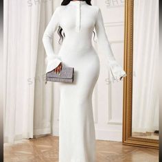 Never Worn White Maxi Dress For Winter Evening, White Maxi Dress For Evening In Winter, White Fitted Winter Maxi Dress, White Fitted Maxi Dress For Winter, Fitted White Maxi Dress For Winter, White Turtleneck Dress, White Fitted Dress, Turtleneck Dress, White Turtleneck