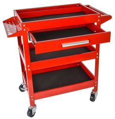 a red tool cart with three drawers on wheels