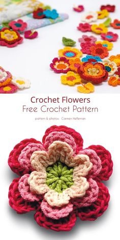 crochet flowers are shown with the words, free crochet pattern on it