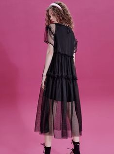 ❤French Cake Mesh Dress❤ Black Mesh Short Sleeve Dress, Mesh Overlay Dress Black, Black Knee-length Mesh Dress, Summer Mesh Dress With Sheer Bodice, Mini Length, Sheer Black Nylon Mesh Dress, French Cake, Puffy Skirt, Black Mesh Dress, Heart Bag