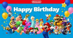 nintendo happy birthday card with mario, luigi and friends in front of the party balloons