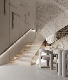 an artisticly designed room with stairs and tables