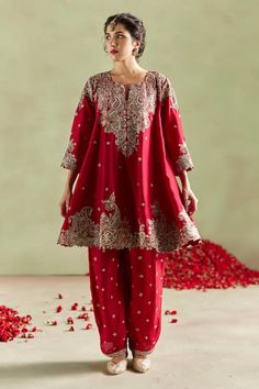 Buy Mrunalini Rao Kalpa Silk Zardozi Embroidered Anarkali Set Online | Aza Fashions Short Kurta With Salwar, Bollywood Red Lawn Suit For Wedding, Red Semi-stitched Anarkali Lawn Suit, Festive Red Lawn Suit With Zari Work, Traditional Red Jamawar Dress, Unstitched Red Anarkali Lawn Suit, Red Unstitched Anarkali Lawn Suit, Red Anarkali Lawn Suit Unstitched, Red Anarkali Lawn Suit In Jamawar