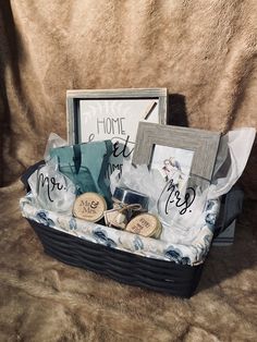 a gift basket with wine and personalized items