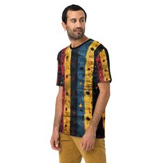 Elevate your wardrobe with our All-Over Print Traditional Men's Fulani Mud Cloth Shirt. Featuring a traditional Fulani mud cloth print, this Shirt is a statement of ethnic-inspired fashion. Handcrafted with bold colors and meticulous attention to detail, it offers a unique blend of comfort and style. Perfect for adding a touch of cultural heritage to your urban look or casual outings. Get to know your new favorite tee--it's super smooth, super comfortable, and made from a cotton touch polyester jersey that won't fade after washing.  * 95% polyester, 5% elastane (fabric composition may vary by 1%) * Premium knit mid-weight jersey * Four-way stretch fabric that stretches and recovers on the cross and lengthwise grains * Regular fit * Blank product components in the US and Mexico sourced from Multicolor Graphic Print Hip Hop T-shirt, Multicolor Hip Hop Graphic T-shirt, Multicolor Crew Neck T-shirt With Graffiti Print, Multicolor Graffiti Print T-shirt With Relaxed Fit, Multicolor Graffiti Print Relaxed Fit T-shirt, Papa Shirts, Urban Looks, Inspired Fashion, Mud Cloth