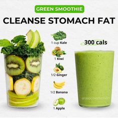 the green smoothie is in a tall glass next to it's contents and ingredients