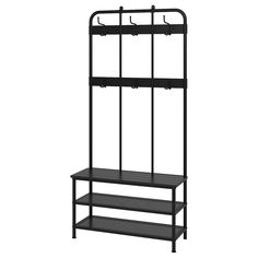 a black metal shelf with two shelves on each side and hooks hanging from the top