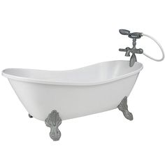 an old fashioned bathtub with two faucets on the legs and feet is shown