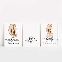 three cards with hands holding each other and the words grace, family written on them