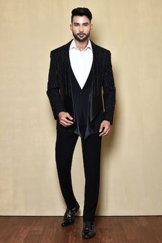 Black tuxedo jacket with cutdana embellished jaal patterns. - Aza Fashions Black Tuxedo Jacket, Black Tuxedo, Tuxedo For Men, Tuxedo Jacket, Tuxedos, Jacket Pattern, Italian Fabric, Black Suits, Lapel Collar