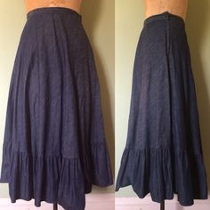 "Beautiful vintage denim prairie skirt w/ ruffled hem. In great vintage condition~very light weight and soft, great summer skirt! Measurements taken flat: waist: 13.5\" length: 33.5\"" Clothes Capsule, Clothes Capsule Wardrobe, Vintage Denim Skirt, Pucci Vintage, Prairie Skirt, Womens Skirts, Skirts Midi High Waisted, Denim Midi Skirt, Historical Dresses