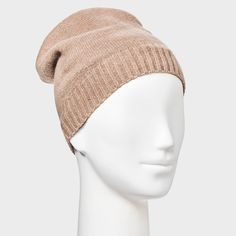 Get the look and feel of cashmere with the Cashfeel Cuffless Beanie from A New Day™. This solid-color beanie is knit from recycled polyester fabric with added spandex for softness and stretch. With no cuff and a ribbed hem, this versatile hat is great for both casual and dressier days. A New Day™: Style that goes wherever you do. Warm Beanie One Size For Fall, Snug Beanie For Cold Weather, Fitted Beanie For Cold Weather In Fall, Warm Snug Beanie For Fall, Warm One Size Beanie For Fall, Warm One-size Beanie For Fall, Soft Knit Beanie For Everyday In Fall, Soft Knit Beanie For Everyday Fall Wear, Warm Knit Beanie For Fall