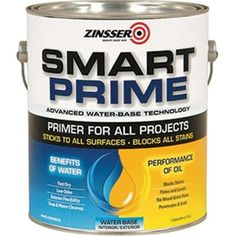 a white paint can with the words smart prime on it and an image of a water - based product