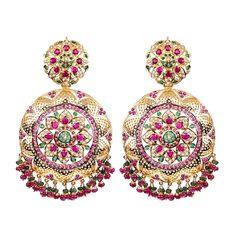 Gold plated chandbali earrings in 92.5 silver. The setting stones are synthetic rubies and emeralds. All pearls used are real freshwater pearls. The hanging beads are real rubies and emeralds. Weight - 65 GMs Height - 9.25 cms Width - 5.25 cms Ruby Chandbali Earrings With Stone Work, Festival Celebration Ruby Chandbalis, Traditional Ruby Drop Danglers, Traditional Ruby Drop Earrings, Festive Ruby Jeweled Earrings, Jeweled Chandbali Temple Jewelry, Traditional Round Chandelier Earrings For Reception, Jeweled Chandbalis For Reception, Festival Ruby Chandbali Earrings