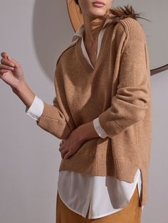 Brochu Walker | Women's V-neck Layered Pullover Sweater in Camel with White Elevated Minimalism, V Neck Sweaters, Brochu Walker, Layered Style, Layered Sweater, Cardigan Sweaters, Cashmere Blend Sweater, Closet System, Oxford Shirt