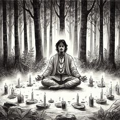 a man is sitting in the middle of a forest with candles around him and surrounded by trees