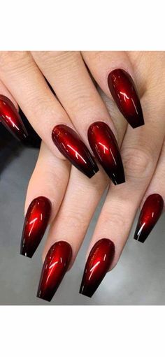 Stand out! What a gorgeous set of nails! A full 20 pc set of Coffin Nails. glue included. 💜🖤 Free gift with every purchase Red And Black Nail, Red Coffin, Nails Ombre, Red Acrylic Nails, Black Nail, Cat Kuku, Fancy Nails, Chic Nails, Nail Arts