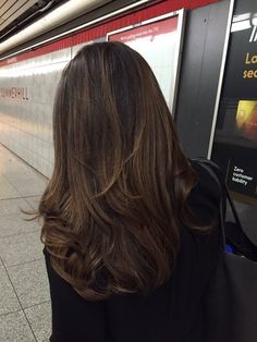 Long Layers Medium Length Hair Thick, Dark Hair Amber Highlights, Neutral Brown Highlights On Dark Hair, Layered Haircut Back View, Brown Hair With Highlights And Layers, Edgy Long Haircut, Subtle Layers Long Hair, Old Money Brunette Hair, Casual Night Out Outfit Winter