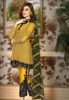 Beautiful chiffon dress by Asim Jofa in green yellow and dark green color in Stylish design embellished with elegant design embroidery. Fast Shipping Worldwide. Green Embroidered Party Wear Dupatta, Yellow Semi-stitched Dress With Intricate Embroidery, Designer Yellow Dresses With Intricate Embroidery, Elegant Designer Pista Green Dress, Elegant Yellow Salwar Kameez With Resham Embroidery, Yellow Georgette Dress With Intricate Embroidery, Yellow Organza Dress With Resham Embroidery, Elegant Pista Green Designer Dress, Yellow Dresses With Intricate Embroidery