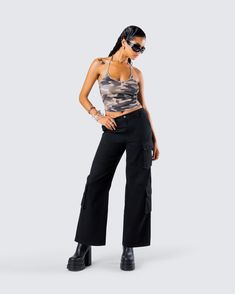 Pants that will hold all your hot girl necessities 😌 With utility patch pockets and a low rise wide leg fit - these cargo pants are a versatile and functional piece that will never let you down 🖤 Girl Necessities, Black Off Shoulder, Solid Green, Take Charge, Graphic Top, White Jersey, Cargo Pant, Green Camo, Pocket Pants